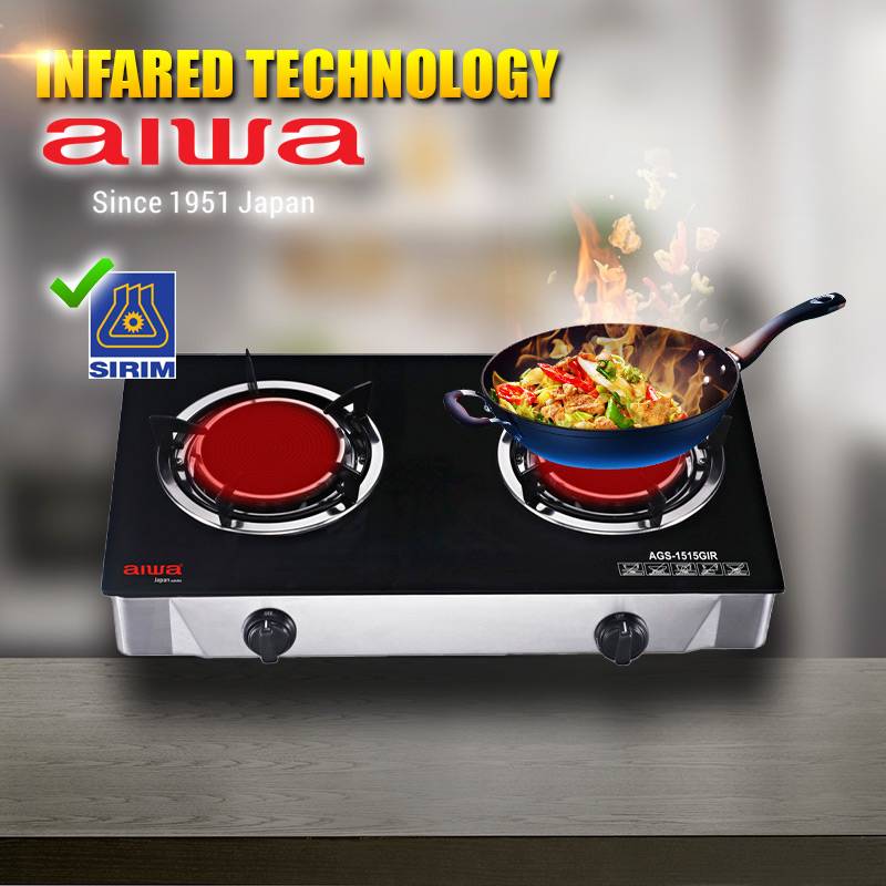 Aiwa Infrared Double Burner Table Top Glass Hob Gas Cooker AGS1515GIR