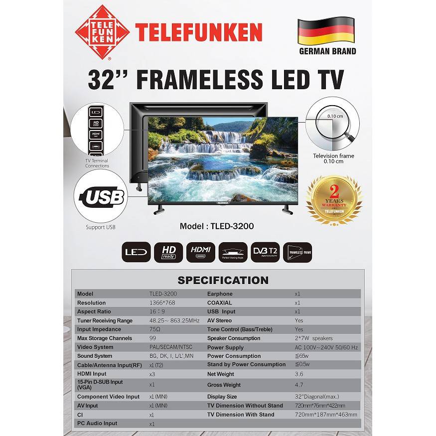 TELEFUNKEN FRAMELESS LED TV (32") TLED3200